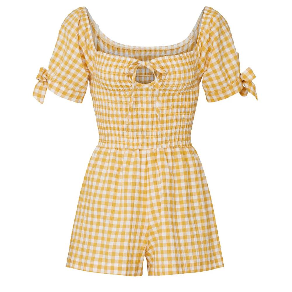 leRumi Sienna Romper Womens M Yellow White Gingham Puff Sleeve Revolve Cottage S